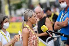 Race director Marion Rousse is interviewed during the 2022 Tour de France Femmes avec Zwift