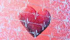 Red heart icon overlaid with blue heart rate signals and binary numbers