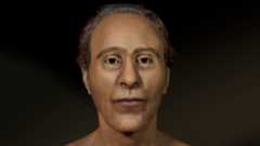 A digital image of a man in his 40s against a black background. This man is a digital reconstruction of the ancient Egyptian pharaoh Ramesses II, which used reverse aging to see what he would have looked like in his prime,