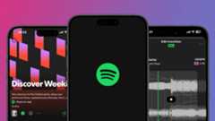 Three iPhones showing the Spotify logo, Discover Weekly playlist, and audio mixing in the Spotify app 
