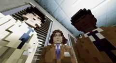 Three jacketed figures look down into the camera in Shadows of Doubt.