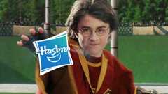 Harry Potter in red Quidditch robes reaching for the Hasbro logo