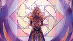 Digital art showing a fantasy character design in purple and magenta hues