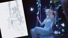 A sketch beside a finished digital artwork of a fairy on swing made with Procreate