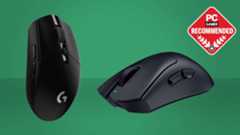 A logitech G305 Lightspeed and Razer DeathAdder V4 Pro gaming mouse on a green background with a PC Gamer Recommended label on top