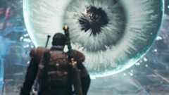 Man stands in front of a big eye.