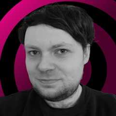 Rhys Wood headshot on a pink 'radar' background