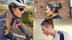 Hannah wearing headphones three ways, on bike, off bike with bone conducting and off bike with ear buds