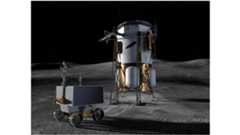 This artist’s concept shows Blue Origin’s Blue Moon Mark 1 lander and NASA’s VIPER (Volatiles Investigating Polar Exploration Rover) on the lunar surface.