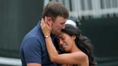 Steven Fisk and his wife emotionally embrace after his win at the 2025 Sanderson Farms Championship