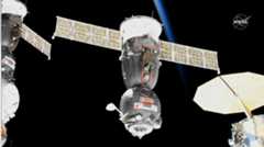 The Russian Soyuz MS-19 spacecraft carrying NASA astronaut Mark Vande Hei and Russian cosmonauts Pyotr Dubrov and Anton Shkaplerov undocks from the International Space Station on March 30, 2022.