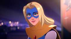 Blonde Blazer, a superhero in a blue mask, with the LA skyline behind her