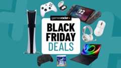 PS5, Nintendo Switch, gaming PC and Xbox accessories on a light blue background with Black Friday deals badge