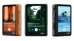 Three versions of the HiBy R3Pro II music player in orange, green and black