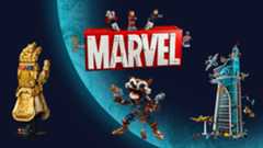 Several brick-built items, one a golden gauntlet, one a racoon with guns, one a large tower with mini characters surrounding it and a logo that reads &quot;Marvel&quot; are all on a blue planet background.