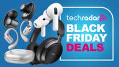 AirPods Pro, Bose headphones, and Shokz earbuds with a sign saying Black Friday deals