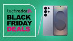 Samsung Galaxy S25 Ultra on a green background - text reads: TechRadar Black Friday Deals