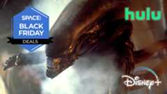 A menacing-looking creature with sharp teeth and a long head emerges from some steam, with the space.com logo in the top left, and the hulu and Disney logos on the right.