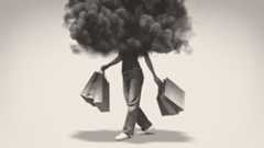 Illustration of a woman carrying shopping bags with her head buried in a dark cloud