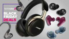 A selection of headphones and earbuds on gray background with TechRadar&#039;s &#039;Black Friday deals&#039; badge 