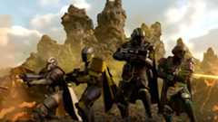 A squad of heroic helldivers stood back-to-back, firing weapons at bugs in Helldivers 2.