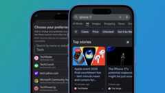 Two phones on a green and blue background showing Google&#039;s top stories results and preferred sources screen