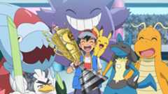 Ash Ketchum and team hoisting a Pokemon championship trophy