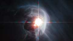 Two stars blazing within a wispy gas cloud in space