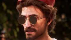 A character in Clair Obscur: Expedition 33 wearing round glasses and a beret in the sunlight