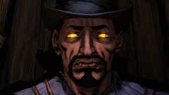 Comic book illustrated-style black man with goatee and glowing gold eyes staring morosely into camera.
