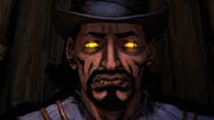 Comic book illustrated-style black man with goatee and glowing gold eyes staring morosely into camera.