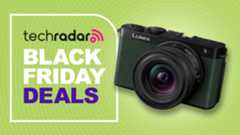 Green Panasonic Lumix S9 camera on a lime green background alongside Black Friday deals text overlay