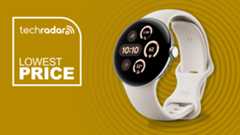 Google pixel watch three on yellow background with lowest price text