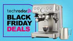 Breville Infuser espresso machine on blue background with text 'TechRadar Black Friday Deals'