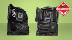 MSI MAG X870 Tomahawk WiFi and Asus ROG Maximum Z790 Hero gaming motherboards on a green background with a PC Gamer Recommended label