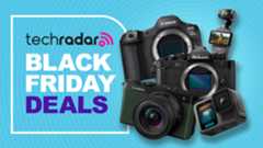 Canon, Nikon, DJI, Panasonic, GoPro cameras on a blue background with Black Friday deals text overlay
