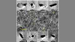 A series of grayscale images showing holes in the surface of Mars where caves have formed