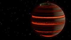 An illustration of a planet with bright glowing red stripes sitting in the darkness of space