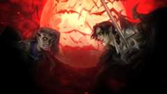 Two vampires prepare to duel beneath a blood red sky