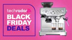 Sage coffee maker on pink background with text 'TechRadar Black Friday Deals'