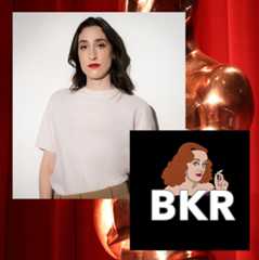 A graphic featuring a sideways image of the Hollywood sign, a portrait of a woman in a white shirt (Be Kind Rewind creator Izzy Custodio), the Be Kind Rewind channel logo, and an Oscar statuette in front of a red curtain.