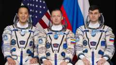 The crew of the Soyuz MS-27 spacecraft, which will launch from Baikonur Cosmodrome in Kazakhstan to the International Space Station on April 8, 2025. From left to right: NASA astronaut Jonny Kim and Roscosmos cosmonauts Sergey Ryzhikov and Alexey Zubritsky.