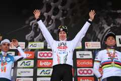LIEGE BELGIUM APRIL 24 LR Romain Bardet of France and Team dsmfirmenich PostNL on second place race winner Tadej Pogacar of Slovenia and UAE Team Emirates and Mathieu van der Poel of The Netherlands and Team Alpecin Deceuninck on third place pose on the podium ceremony after the 110th Liege Bastogne Liege 2024 Mens Elite a 2545km one day race from Liege to UCIWT on April 24 2024 in Liege Belgium Photo by Dario BelingheriGetty Images