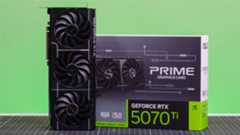 An Nvidia GeForce RTX 5070 Ti on a table with its retail packaging