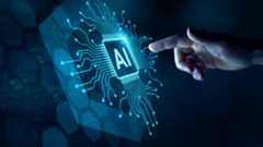 A hand reaching out to touch a futuristic rendering of an AI processor.