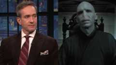 From left to right: Matthew Macfadyen on Late Night with Seth Meyers and Ralph Fiennes as Voldemort in Harry Potter. 
