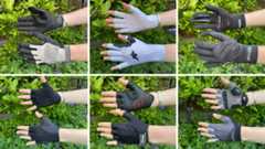 A collage combining six images, in each of which a pair of hands wearing the best women's cycling gloves hover in front of a green bush
