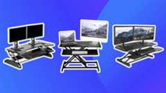 Three of the best standing desk converters on a blue background