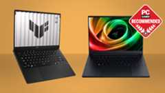 The Asus TUF A14 (2025) and Razer Blade 14 (2025) 14-inch gaming laptops on a dusky yellow/gold background with the PC Gamer recommended badge in the top right