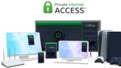 A cartoon of a number of devices, including a laptop, monitor, smartphones and games consoles, displaying the Private Internet Access app on-screen underneath the Private Internet Access Logo